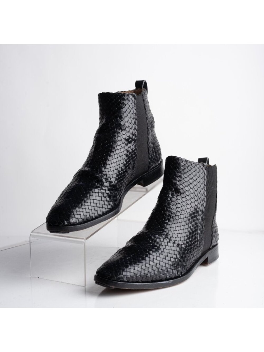 Charles Jourdan Vintage Ankle boots Mens Leather Woven Black Braided US 8 EU 42